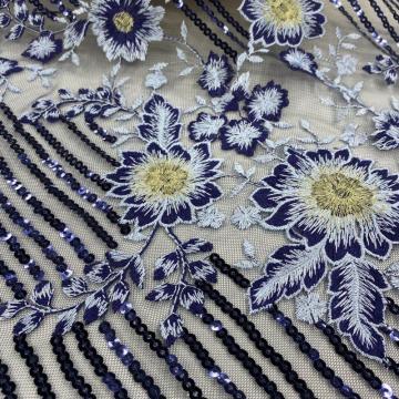 Metallic /Shiny Poly Yarn Navy Sequin Embroidery Fabric