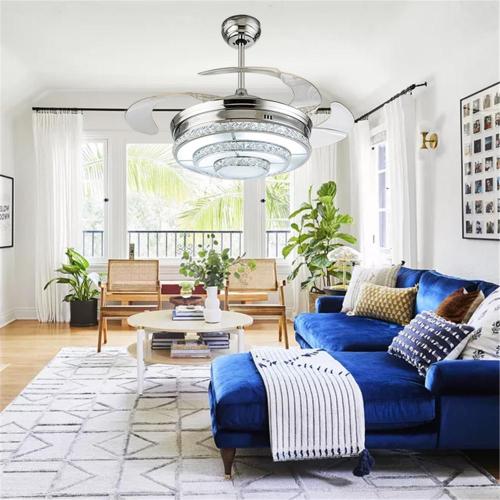 Invisible silver crystal ceiling fan with light