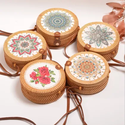 Woven Women's Round PU Leather Strap Bali Straw Embroidery Rattan Bag