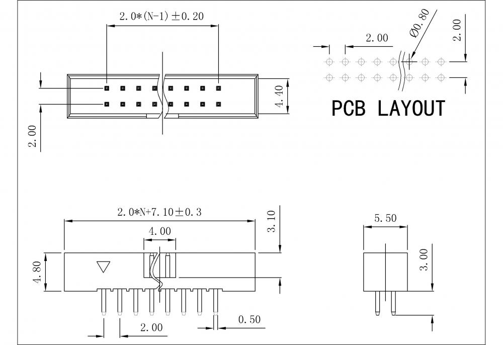 2.0 x 2.00m Dual Row Board Mount Box Shrouded Header DIP 180° H=4.8