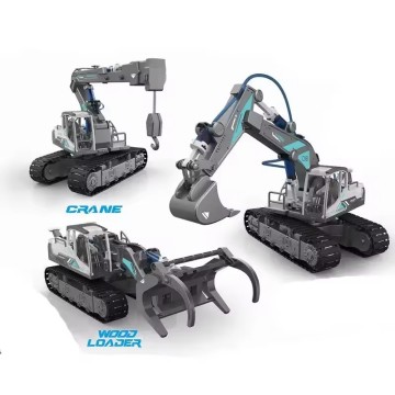 Bộ đồ chơi phương tiện kỹ thuật nhựa thủy lực DIY ba trong một bộ: Cần cẩu, bộ tải và máy xúc