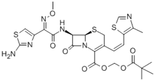 5-Thia-1-azabicyclo[4.2.0]oct-2-ene-2-carboxylicacid,7-[[(2Z)-2-(2-amino-4-thiazolyl)-2-(methoxyimino)acetyl]amino]-3-[(1Z)-2-(4-methyl-5-thiazolyl)ethenyl]-8-oxo-,( 57263703,2,2-dimethyl-1-oxopropoxy)methyl ester,( 57263704,6R,7R)- CAS 117467-28-4