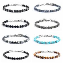 Gemstone 6 mm Beads de acero inoxidable Pulseras de tenis para hombres Hebilla ajustable 6.5-7.8 pulgadas Relieve Reiki Yoga difusor