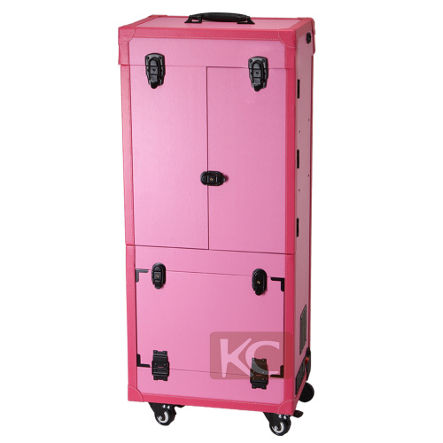 2017 new large capacity professional cosemetic station Aluminum material pink makeup case with lights and mirror