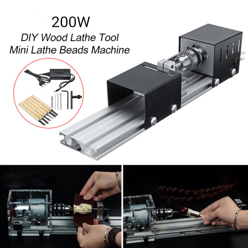 Professional 200W Mini Lathe Beads Machine Woodwork DIY Lathe Standard Set + Power Carving Cutter Wood Lathe Drill Rotary Tool