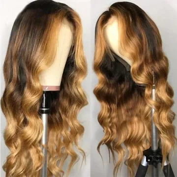 Wavy Ombre Blonde Highlights Color 13x4  Deep part Lace Front Human Hair Wigs 180% Density 360 Wig High Density Hair Wigs