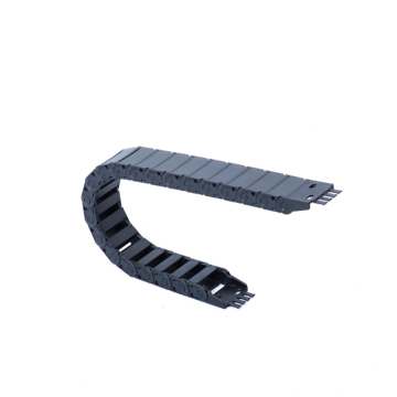 Semi-enclosed black plastic cable carrier