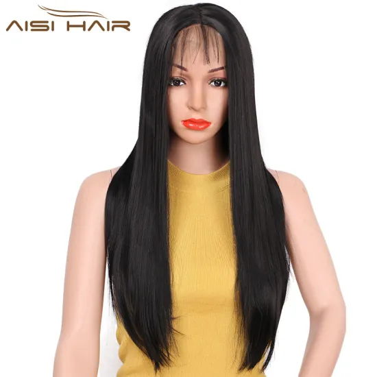 Aisi Hair Top Quality Natural Black Long Straight Synthetic Lace Front Wigs With Baby Hair For Black Women