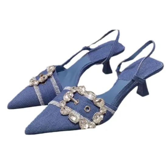 Famous Ladies' Size 42 Navy Blue Denim Sandals with Ankle Strap Buckle and Pointed High Heels