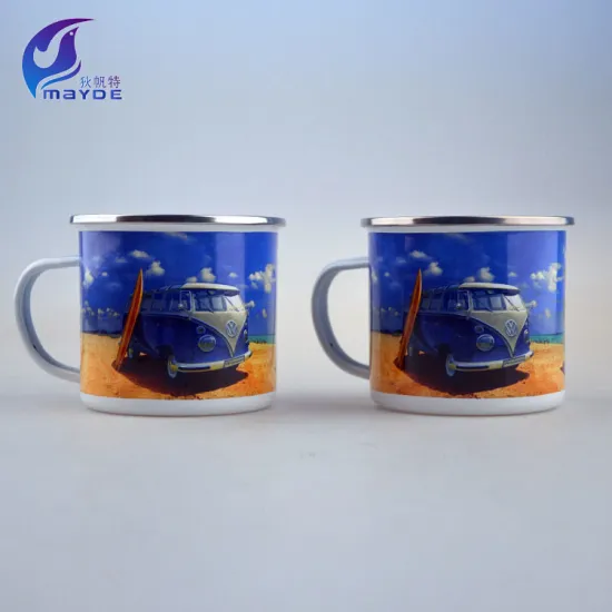 Custom-Made Full Design Enamel Coffee Mug with Steel Rim