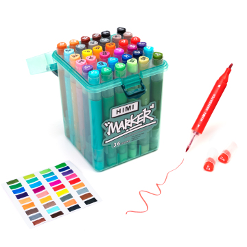Water-Based Ink Dual Brush Marker Pen, 24/36 Colors, Skin-Friendly, Plastic Box Packaging