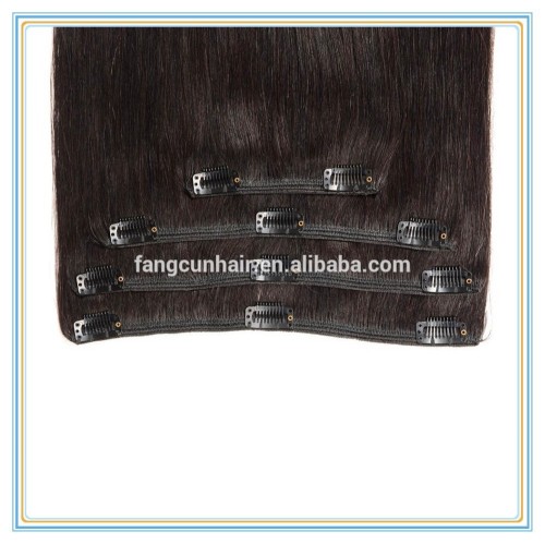 popular silky straight clip in human hair weft, Black color hair weaving