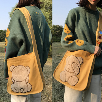 Canvas Shoulder Bag Embroidery Cute Bear Pattern