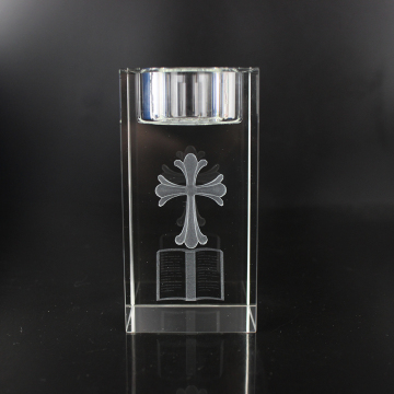 Wholesale Crystal Glass Block Jesus Cross Candle Holder for Religious Gifts