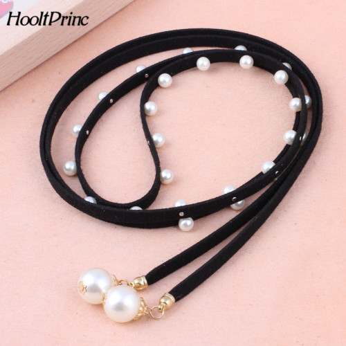 2019 New Fashion Beading Decor Belt Korea Style Solid PU Leather Pearl Knitted Belts For Women Elastic Simple Elegant Belt Women