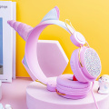 Foldable On-Ear Wired Headset Unicorn Diamond Kids Headphones with LED Cat Ears Microphone