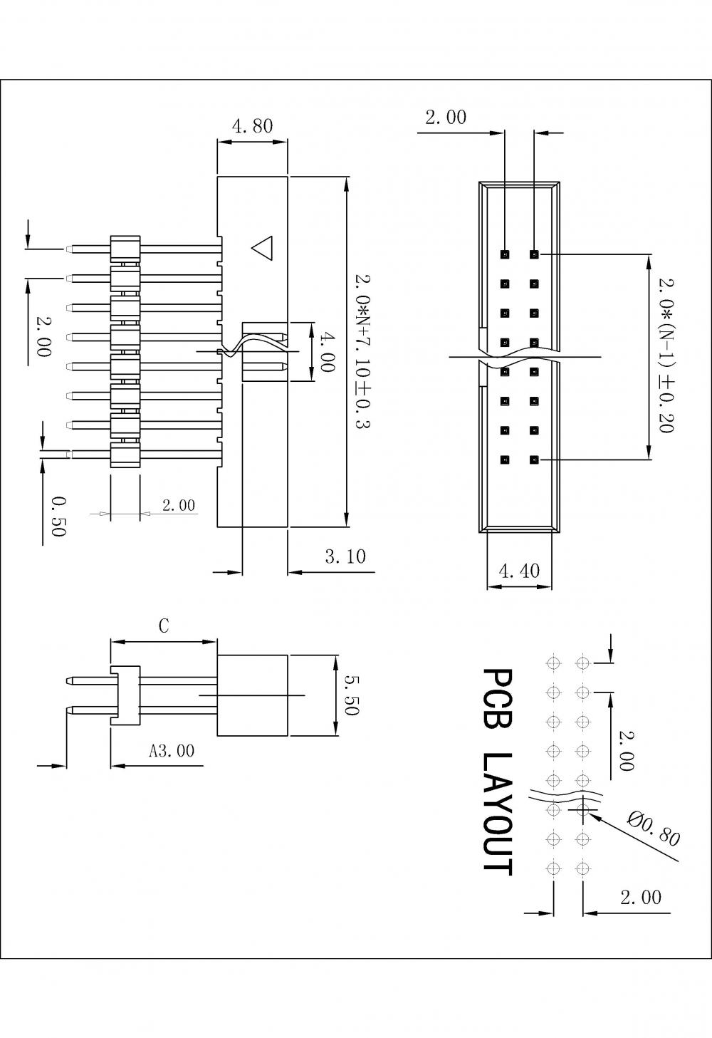 2,00 mm (.079 &quot;) Pitch Box Box Hender Dand 180 ° Type H = 4,8 Ajouter un boîtier