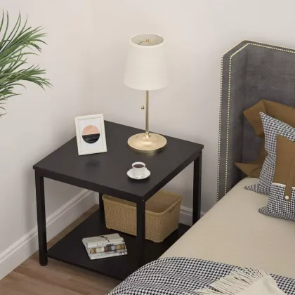 Custom Wooden Minimalist Black Bedside Table with Metal Frame