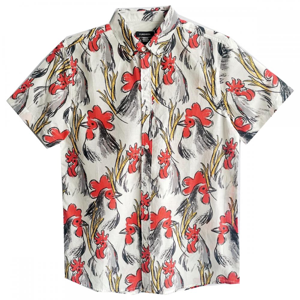 Men Casual Cotton Cock Print Short Shirt