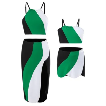 2024 New Nylon Color Block Split Swimsuit Set with Skirt