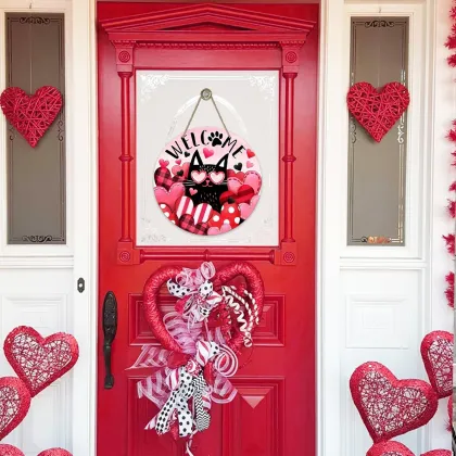 Valentine Black Cat Wooden Welcome Sign