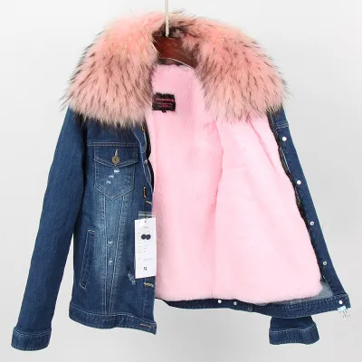 OEM ODM Women Denim coat Faux fur thick lining coat raccoon fur Big collar bomber jacket