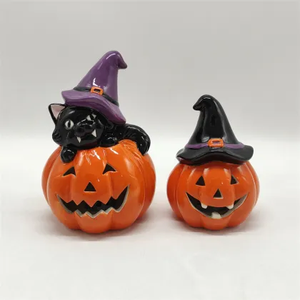 Ceramic Pumpkin Black Cat LED Light