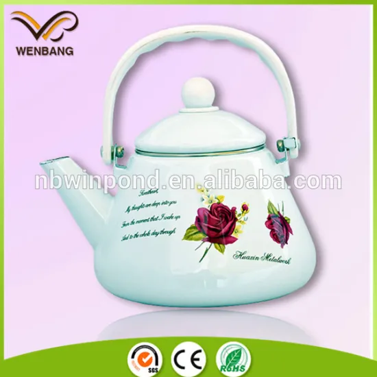 white enamel decal teapot, metal handle custom water kettle