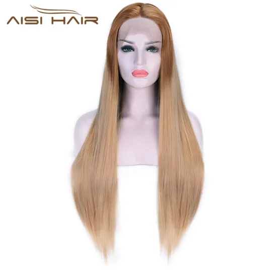 Aisi Hair Ombre Brown Lace Front Long Straight Wig High Temperature Fiber Synthetic Silk Straight Lace Front Long Wigs for Women