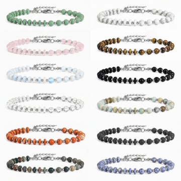 Natural Stone Bead Stretch Bracelet 6MM Round Beads Bracelet Gemstone Disc Spacer Crystal Beads Bracelet Adjustable Silver Chain