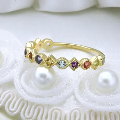 Geometric Colorful Nature Crystal 9K Gold Ring