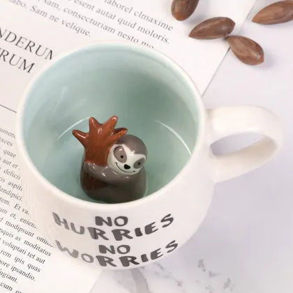 Handmade Ceramic Coffee Cup with Rabbit Cartoon for Birthday Gift