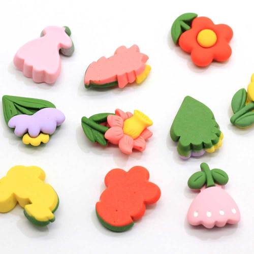 100PCS Multicolor Flatback Resin Flower Cabochons with Leaves Scrapbook Craft DIY Embellishments Decor Headwear Accessories