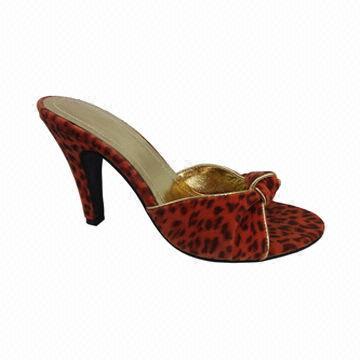 Women's high heel slippers, leopard print velvet upper with gold color piping, OEM orders welcome