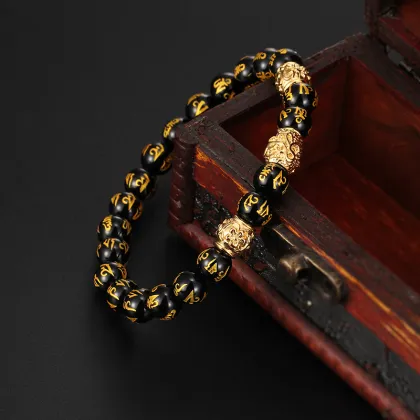 KALEN Men's Stainless Steel Lucky Charm Agate Stone Beaded Bracelet