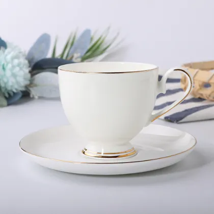China Supplier Wholesale Bone China Gold Rim Tea Cup and Saucer Set, White Porcelain Coffee Cup and Saucer Set