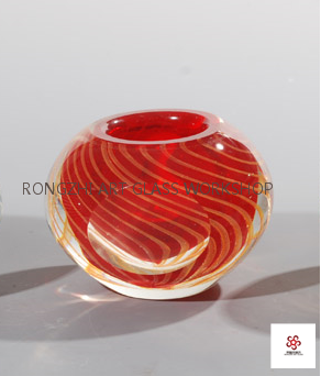 Swirling Striped Red and Whit Glass Candleholder