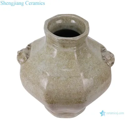 Antique Longquan Celadon Ceramic Vase with Double Lion Ears