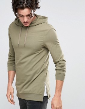 Custom With Hood Side Zip Longline Over The Head Style Green Men's Lightweight Spandex/Cotton Casual Slim Pullover Hoodies