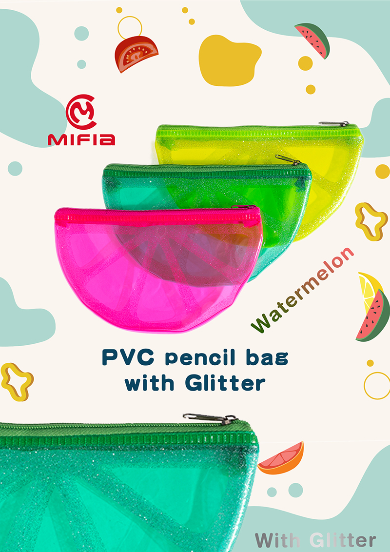 PVC Watermelon Shape Zipper Pencil Case with Glitter