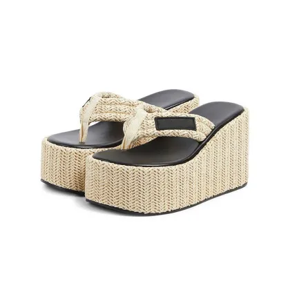 Raffia Platform Thong Sandals Wedge Soft Rubber