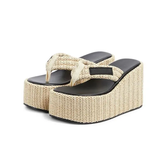 Raffia Platform Thong Sandals Wedge Soft Rubber