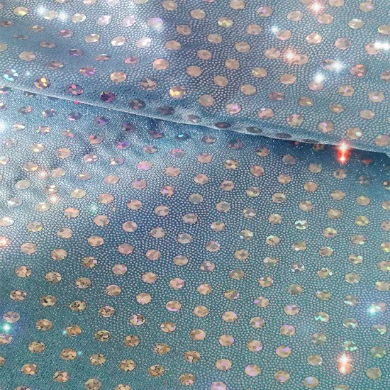 Wholesale Blue Polyester Holographic Fabric with Bronze Shiny Dot Hot Stamp Design