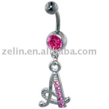 PUGSTER BELLY BUTTON RING PINK LETTER A CHARM T98,navel jewelry,navel belly ring
