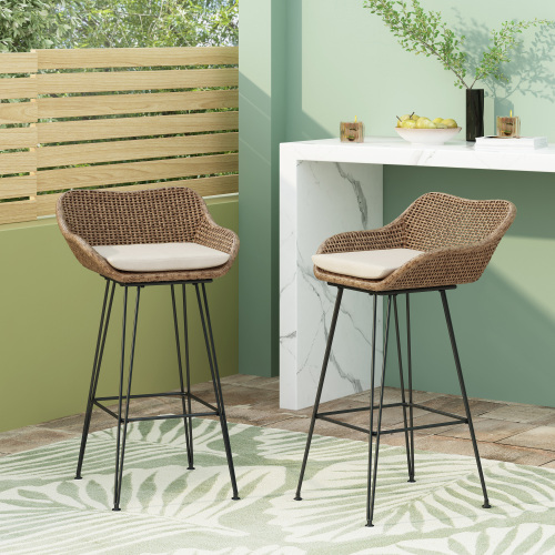 Outdoor Wicker and Iron Low Back Barstools 1