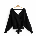 Women's V Neck Belted Waist Ruffle Pullover Top