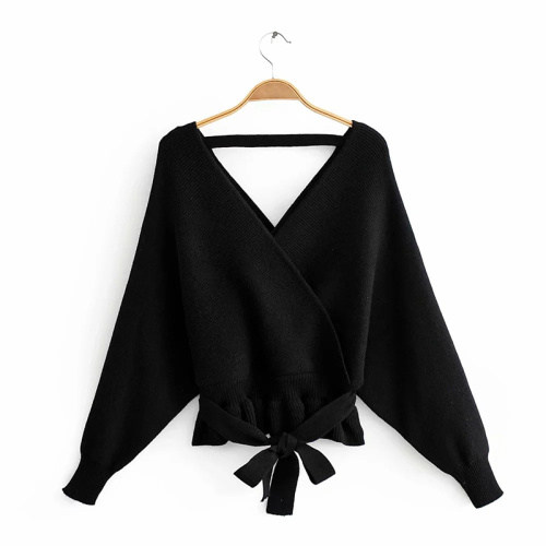 Cross Doll Sleeve Knit Sweater Women's V Neck Belted Waist Ruffle Pullover Top Manufactory