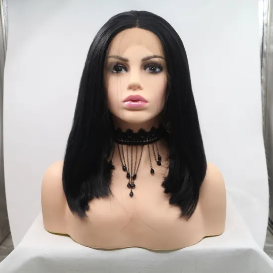 Vigorous mono bob black premium high quality straight short wholesale black women synthetic hair wigs with lace front