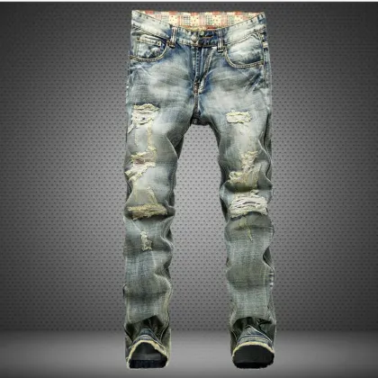 Men's Fashion New Retro Torn Jeans Straight Jeans