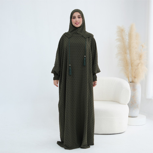 لباس کلاهدار کرپ ژاکارد آبایا با سرآستین جمع شده